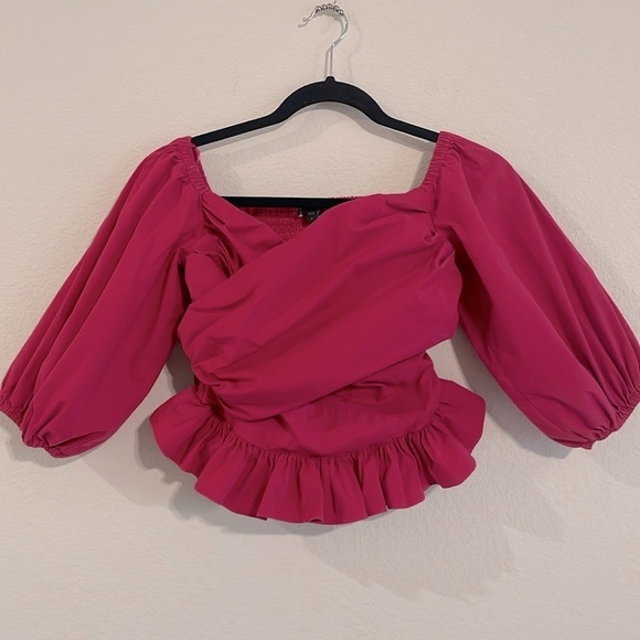 Express Women’s Peplum Top Small Hot Pink Cross Front Smock Back Balloon Sleeve - Picture 1 of 14